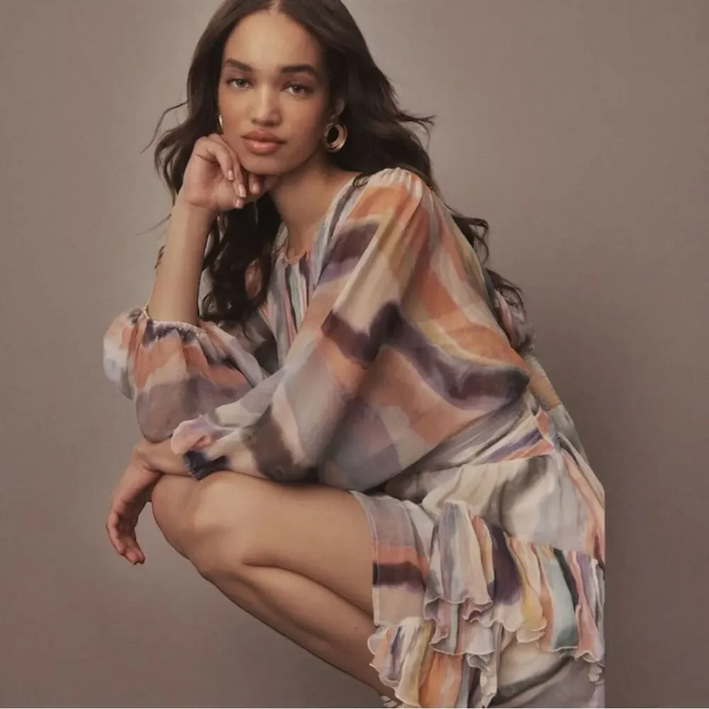 BHLDN Anthropologie Long Sleeve Chiffon Mini Dress Size Small - Picture 4 of 8